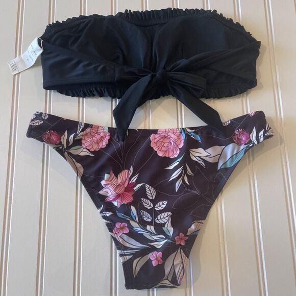 Cupshe Bikini NWT Women S Black Strapless Ruffle Top Floral High Waist Bottoms - Picture 2 of 8